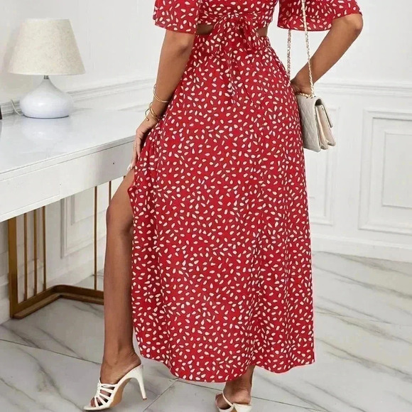 Red Casual Womens Allover Print Tie Back Wrap Top & Skirt - Picture 5 of 5